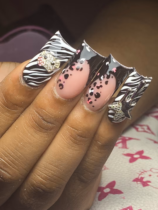 Animal Print, Duck, Rhinestone Placement — nail work by Norcross nail tech