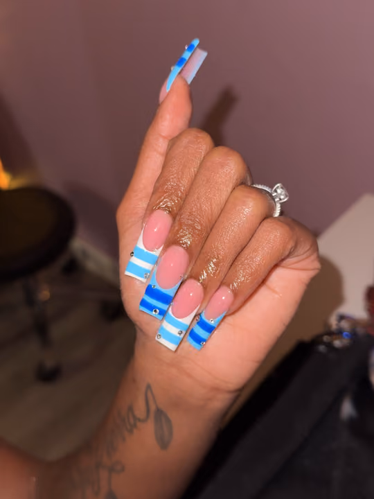 French Manicure, Line Art, Rhinestone Placement, Nail Extensions — nail work by ATLANTA LICENSED NAIL INSTRUCTOR