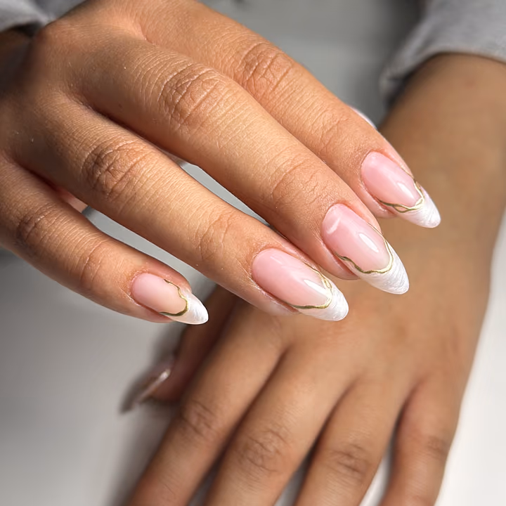 French Manicure, Metallic Gel, Textured Finish — nail work by VESTA BEAUTY NAILS