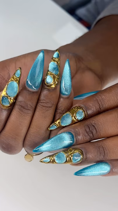 Cat Eye, Gold Accents, Stiletto, Structured Gel — nail work by GT NAILS Duluth, Ga