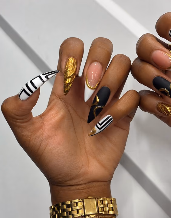 Chrome, Geometric Art, Relief Art, Stiletto — nail work by Atlanta Nail Tech