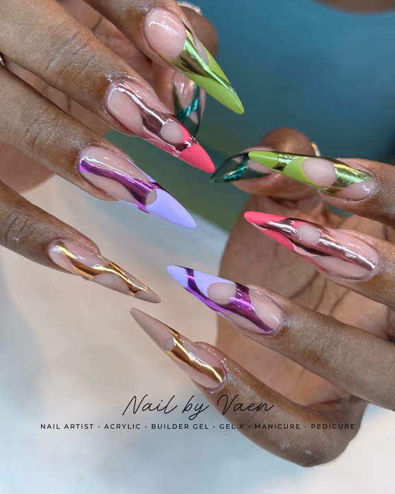 Chrome, Negative Space, Line Art, Stiletto — nail work by Buckhead Nail Studio