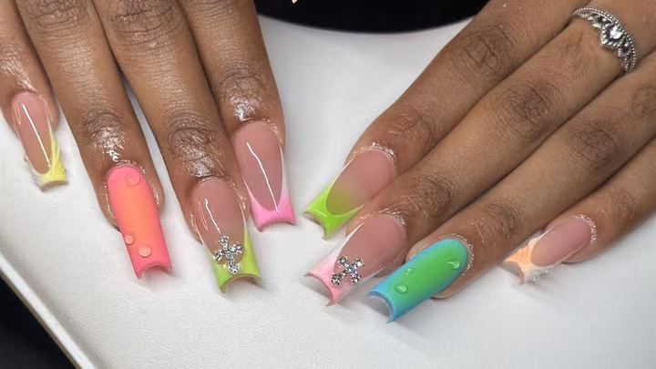 Encapsulation, French Manicure, Matte, Rhinestone Placement — nail work by Nubi Nailz