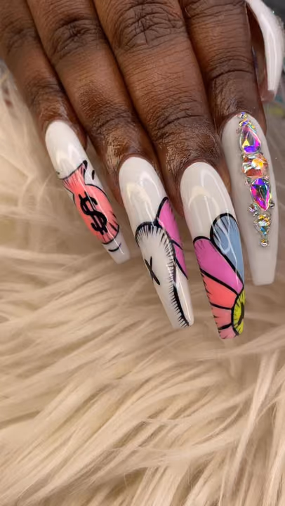 Crystal Placement, Line Art, Hand Painting — nail work by Rachel Odom