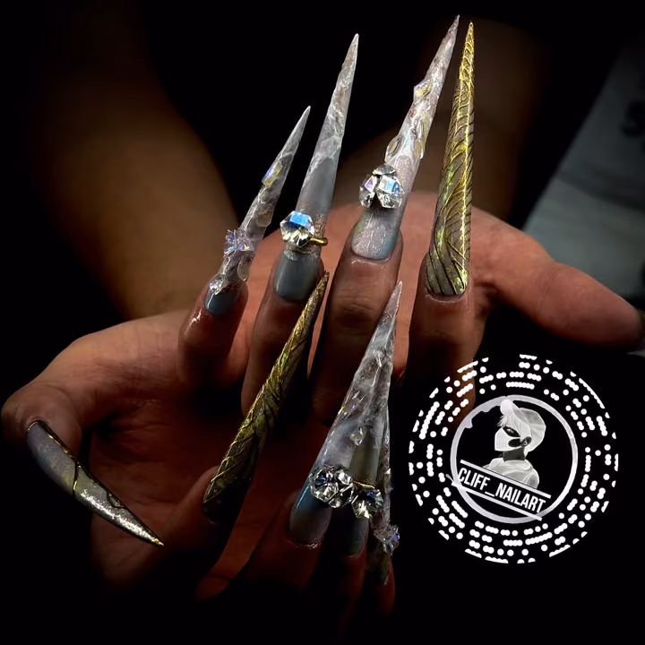 3d Sculpting, Crystal Placement, Extreme Length, Nail Extensions — nail work by Cliff Nail Art