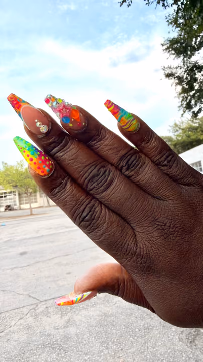 Crystal Placement, Encapsulation, Extreme Length, Mixed Media — nail work by Rachel Odom