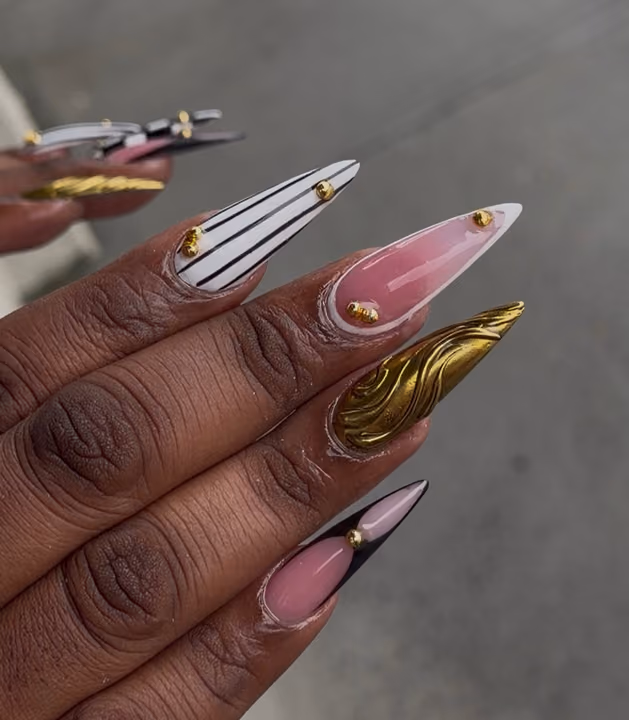 3d Sculpting, Chrome, Hand Painting, Stiletto — nail work by TenTen Buckhead Nails