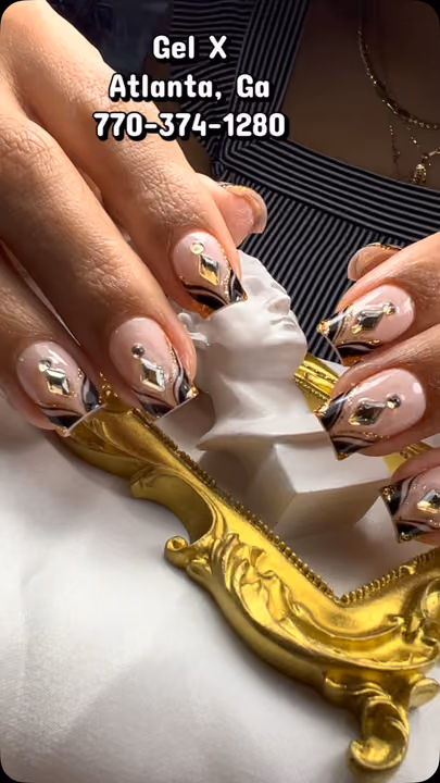 Gel X, Line Art, Rhinestone Placement — nail work by Maya Nails & Beauty