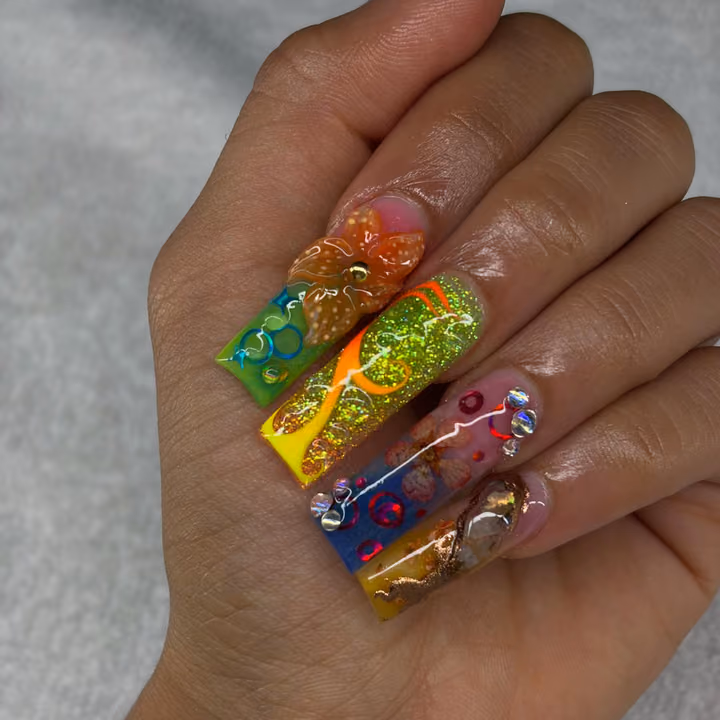 3d Sculpting, Encapsulation, Transfer Foil, Extreme Length — nail work by Nubi Nailz