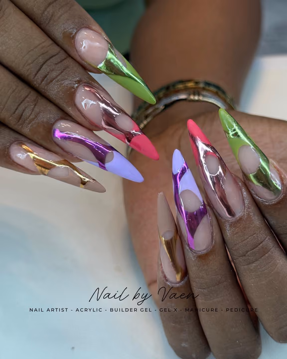 Chrome, Negative Space, Acrylic, Stiletto — nail work by Buckhead Nail Studio