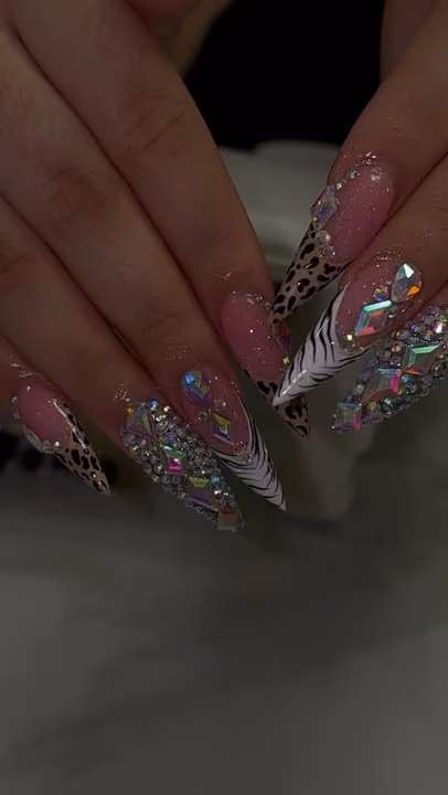 Animal Print, Crystal Placement, French Manicure, Stiletto — nail work by Dallas Ga Nail Tech