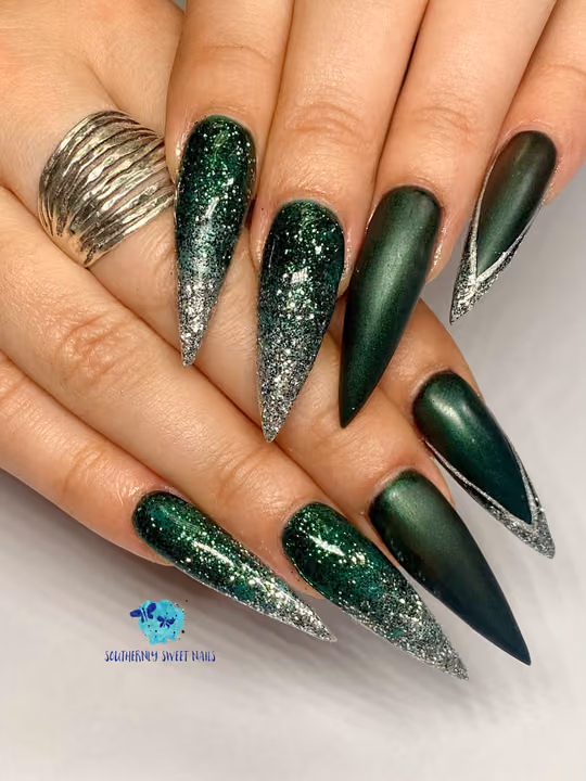 Cat Eye, Glitter Fade, Negative Space, Stiletto — nail work by Southernly Sweet Nails