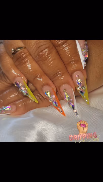 Crystal Placement, Extreme Length, Gem Placement, Stiletto — nail work by BEE NAILS