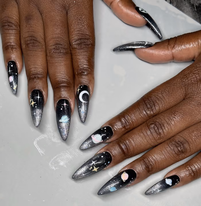 Cat Eye, Hand Painting, Ombre, Stiletto — nail work by Nubi Nailz