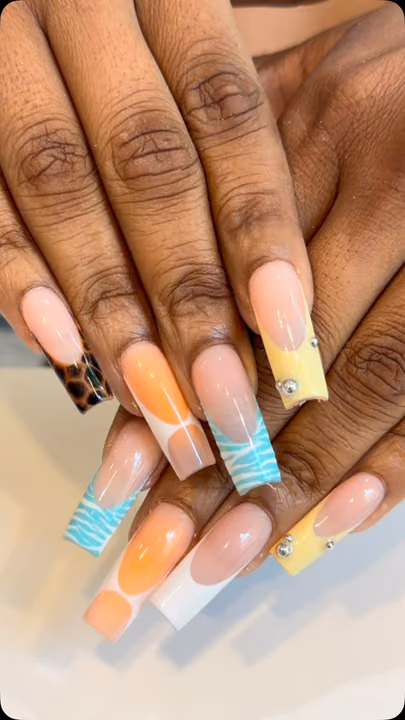 Animal Print, French Manicure, Geometric Art, Rhinestone Placement — nail work by BEELLAGIO NAIL, WAX, & LASH BAR