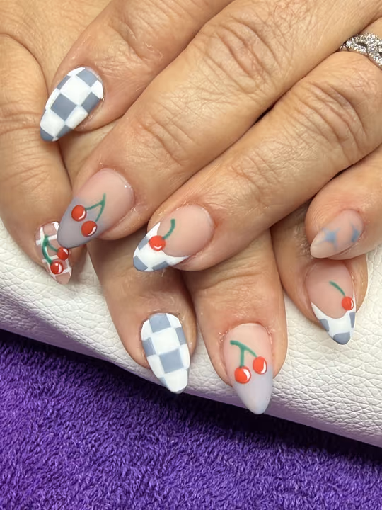 Checkerboard Art, Encapsulation, Matte — nail work by Purple Haven Salon