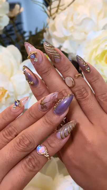 3d Sculpting, Cat Eye, Chrome, Rhinestone Placement — nail work by Cliff Nail Art
