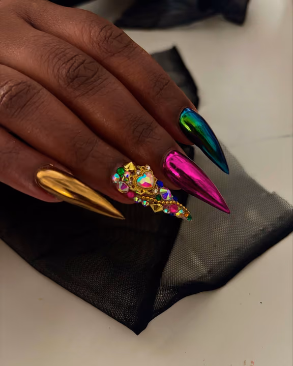 Chrome, Extreme Length, Hardware Placement, Stiletto — nail work by Atlanta Nail Artist