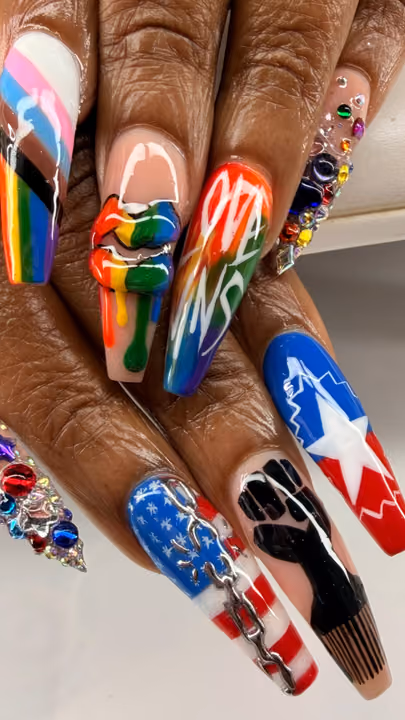 3d Sculpting, Hand Painting, Crystal Placement, Hand Lettering — nail work by Rachel Odom
