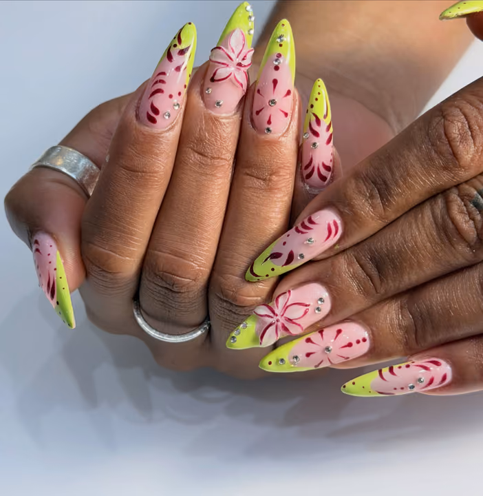 3d Sculpting, Hand Painting, Rhinestone Placement, Stiletto — nail work by Nail Muse