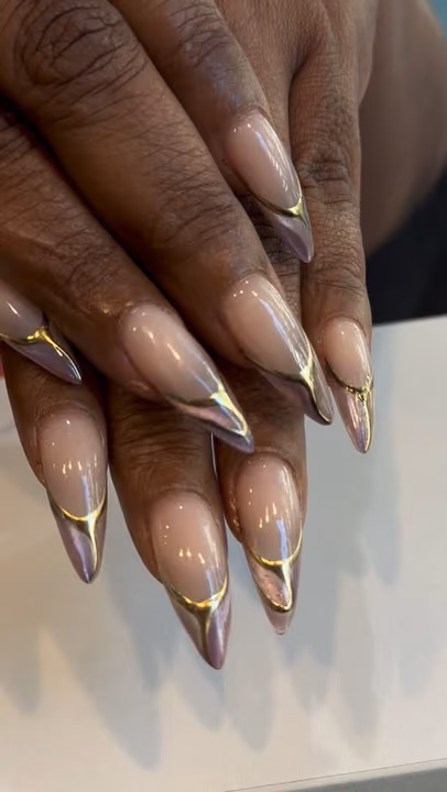 Chrome, French Manicure, Gold Accents — nail work by BEELLAGIO NAIL, WAX, & LASH BAR