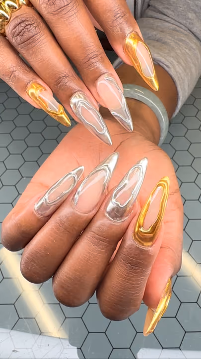 Chrome, Metallic Gel, Negative Space, Apex Building — nail work by Sophy’s Nail Lab