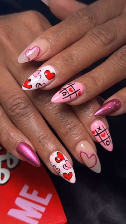 Chrome, Hand Painting, Line Art — nail work by Sugar Polish Nail Bar Decatur