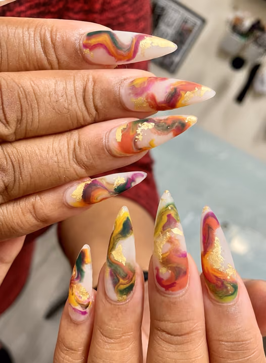 Encapsulation, Marbling, Stiletto — nail work by Sophy’s Nail Lab