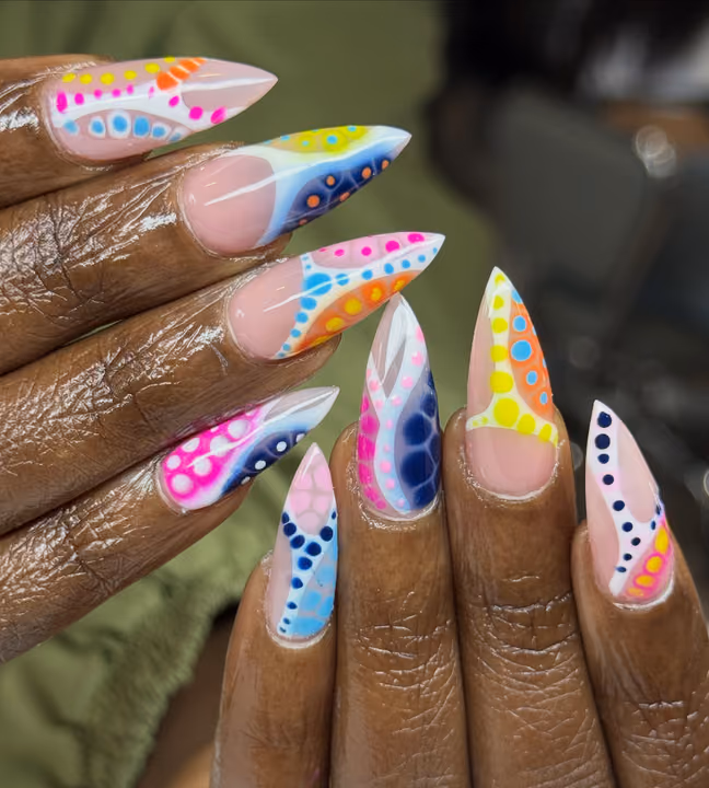 Airbrush, Hand Painting, Encapsulation, Stiletto — nail work by The Nail Nest