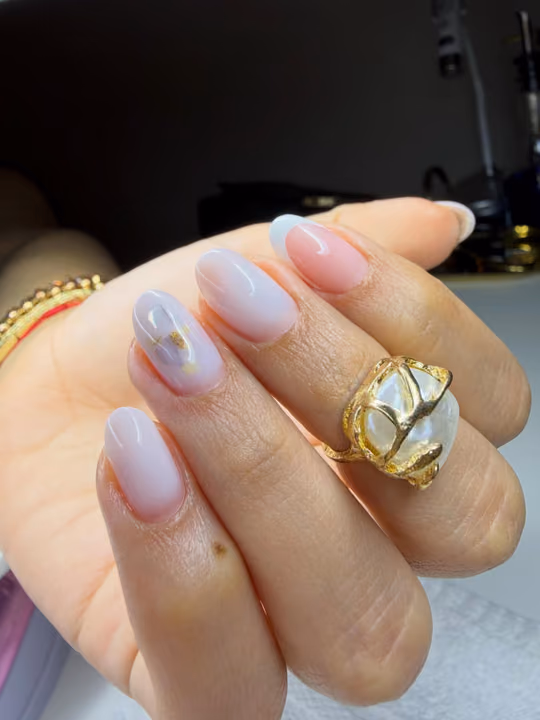 Crystal Placement, Milky Gel, Structured Gel — nail work by Yudit’s Nails