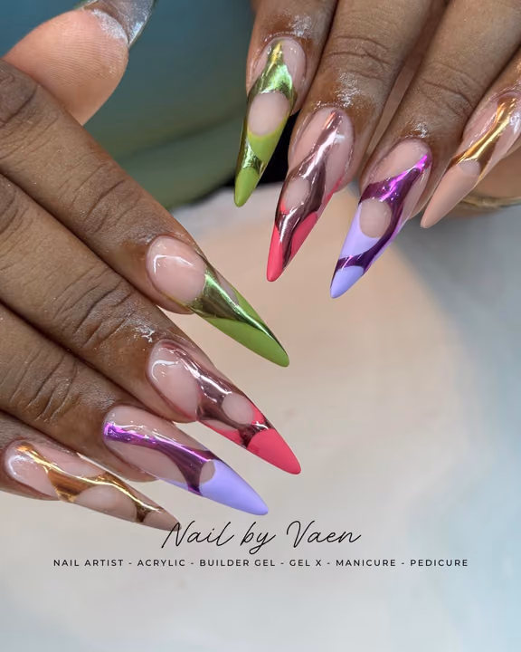 Chrome, Negative Space, Line Art, Stiletto — nail work by Buckhead Nail Studio