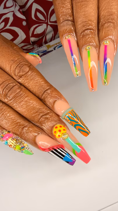 Charm Placement, Encapsulation, Mixed Media, Line Art — nail work by Rachel Odom