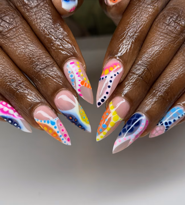 Airbrush, Hand Painting, Encapsulation, Stiletto — nail work by The Nail Nest