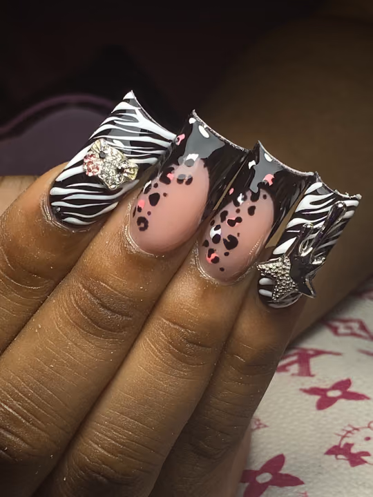 Animal Print, Charm Placement, Duck, Hand Painting — nail work by Norcross nail tech