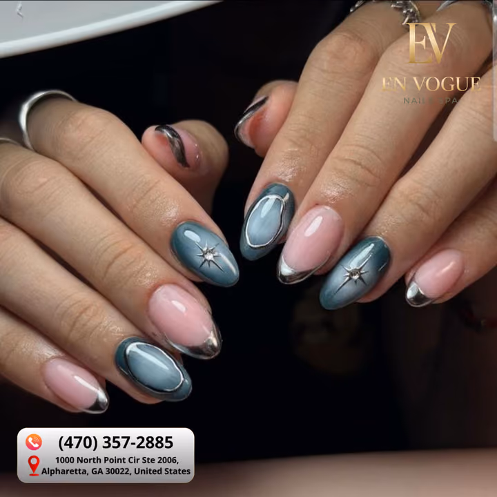 Cat Eye, Chrome, French Manicure, Gem Placement — nail work by En Vogue Nails Spa