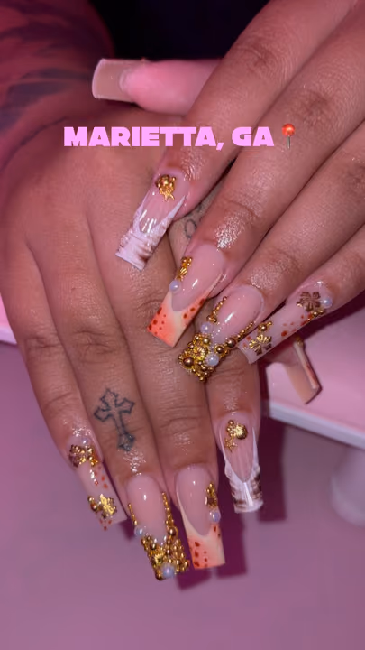 Charm Placement, Encapsulation, French Manicure, Rhinestone Placement — nail work by Abbienailz