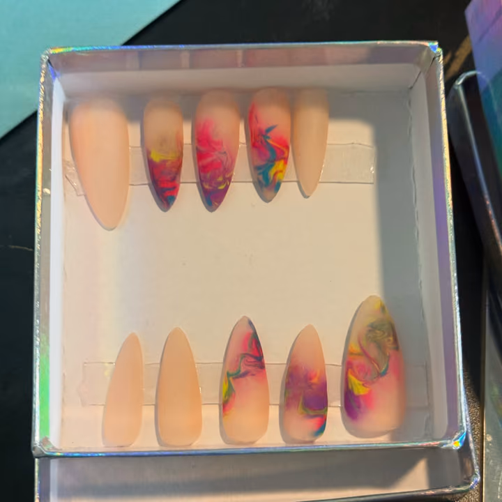 Airbrush, Press Ons, Watercolor Art — nail work by Meme