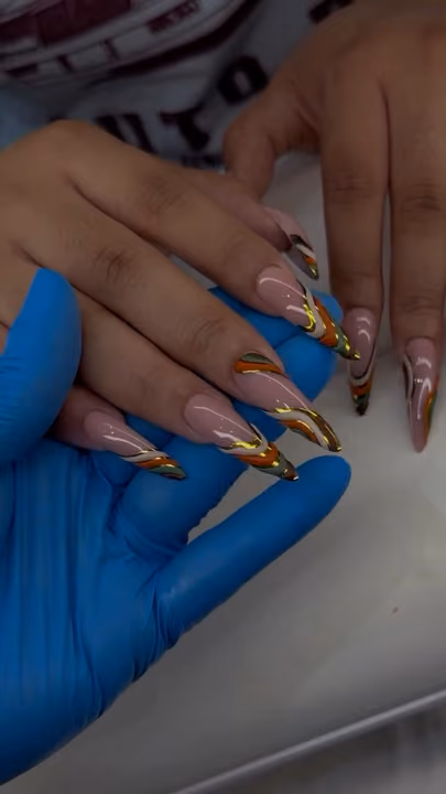 Line Art, Chrome, Gel Extensions, Stiletto — nail work by sang nguyen