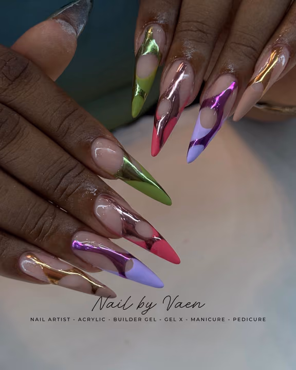 Chrome, Negative Space, Acrylic, Stiletto — nail work by Buckhead Nail Studio